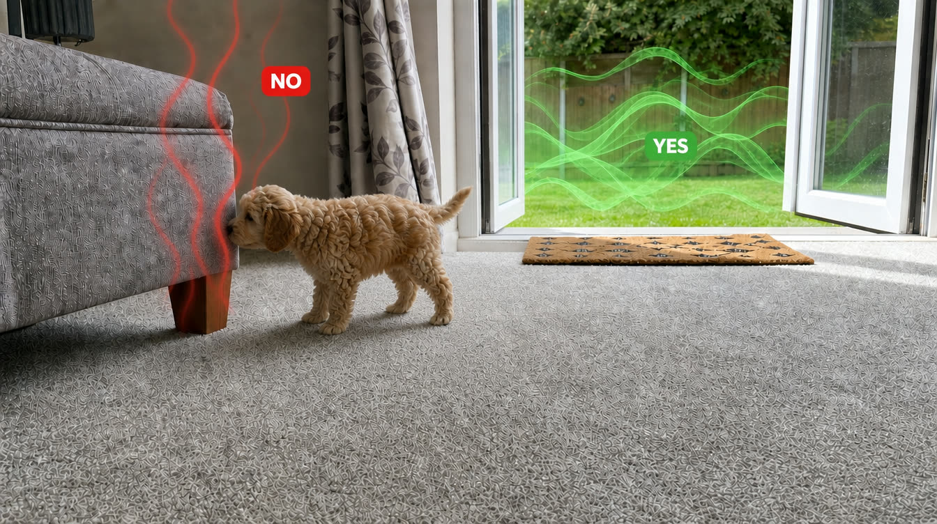 Apricot cockapoo puppy sniffing a sofa leg where red scent vapor rises, tagged NO, while green scent vapor floats over the garden lawn through the open door, tagged YES