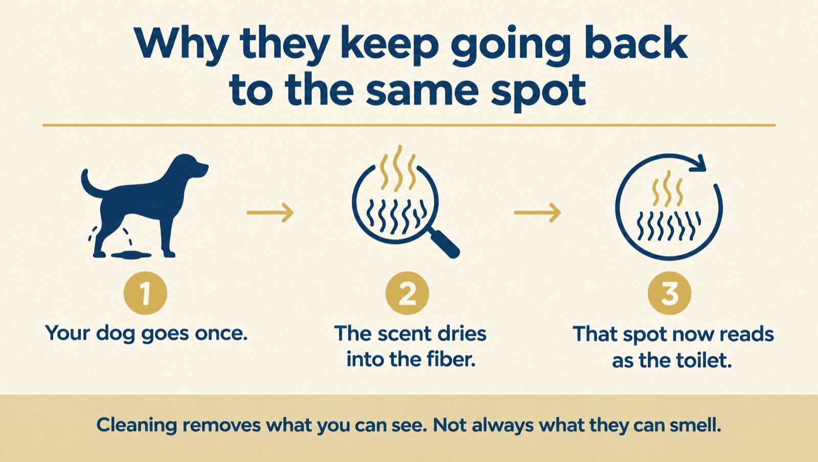Why they keep going back to the same spot: your dog goes once, the scent dries into the fiber, and that spot now reads as the toilet