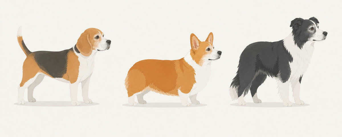 Illustrated Beagle, Corgi and Border Collie