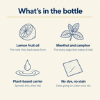 What is in the bottle, lemon fruit oil, menthol and camphor, plant based carrier, no dye