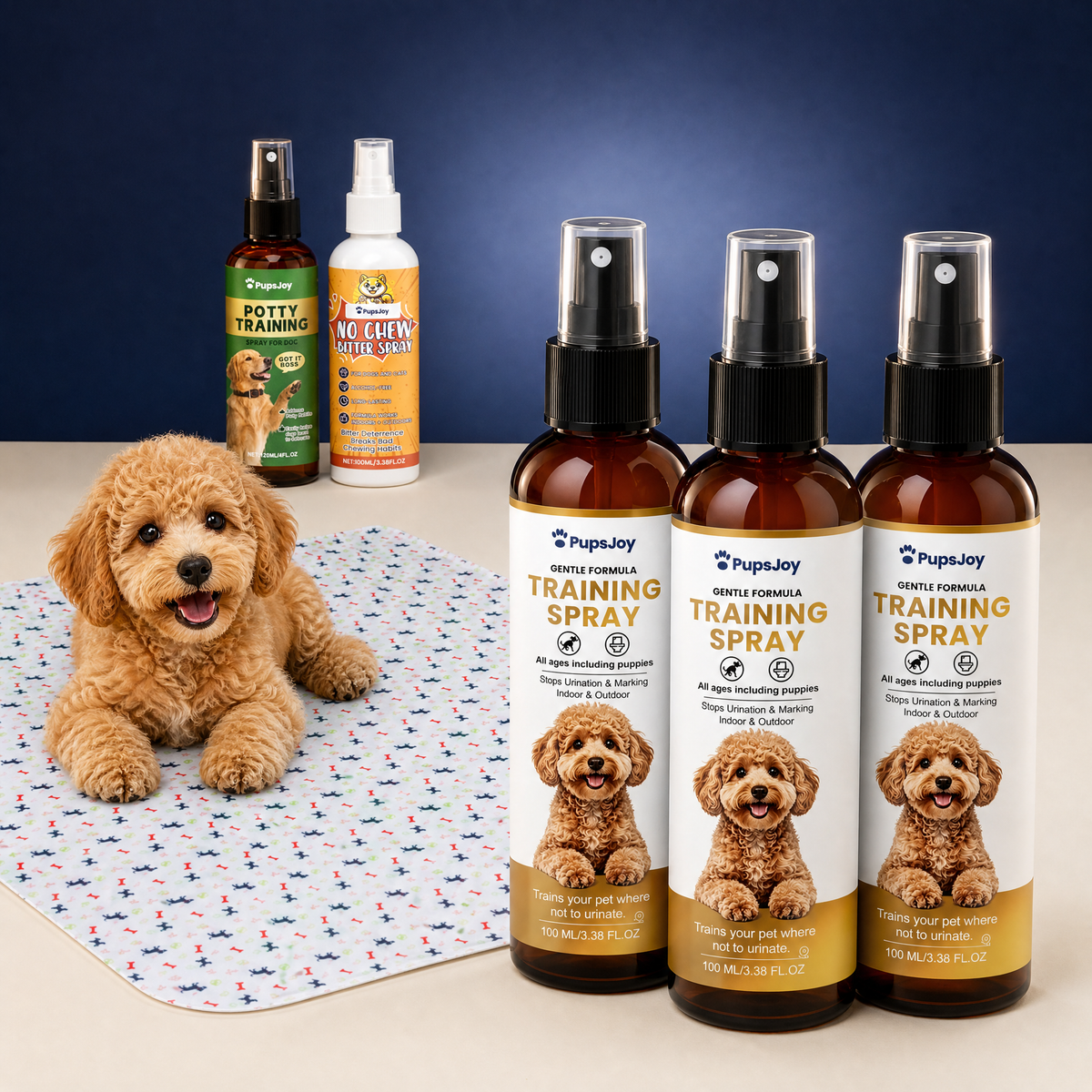3 Bottles + Free Kit: three No Pee Here sprays, the potty training spray, the no-chew spray and a washable training mat