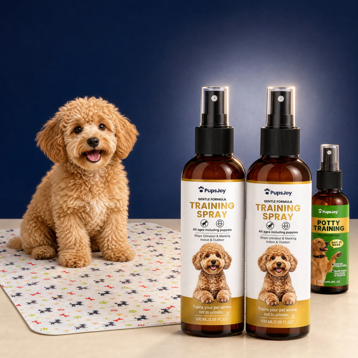 2 Bottles + Free Kit: two No Pee Here sprays, the potty training spray and a washable training mat