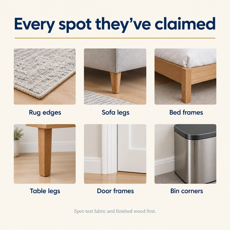 Common spots dogs go back to: rug edges, sofa legs, bed frames, table legs, door frames and bin corners