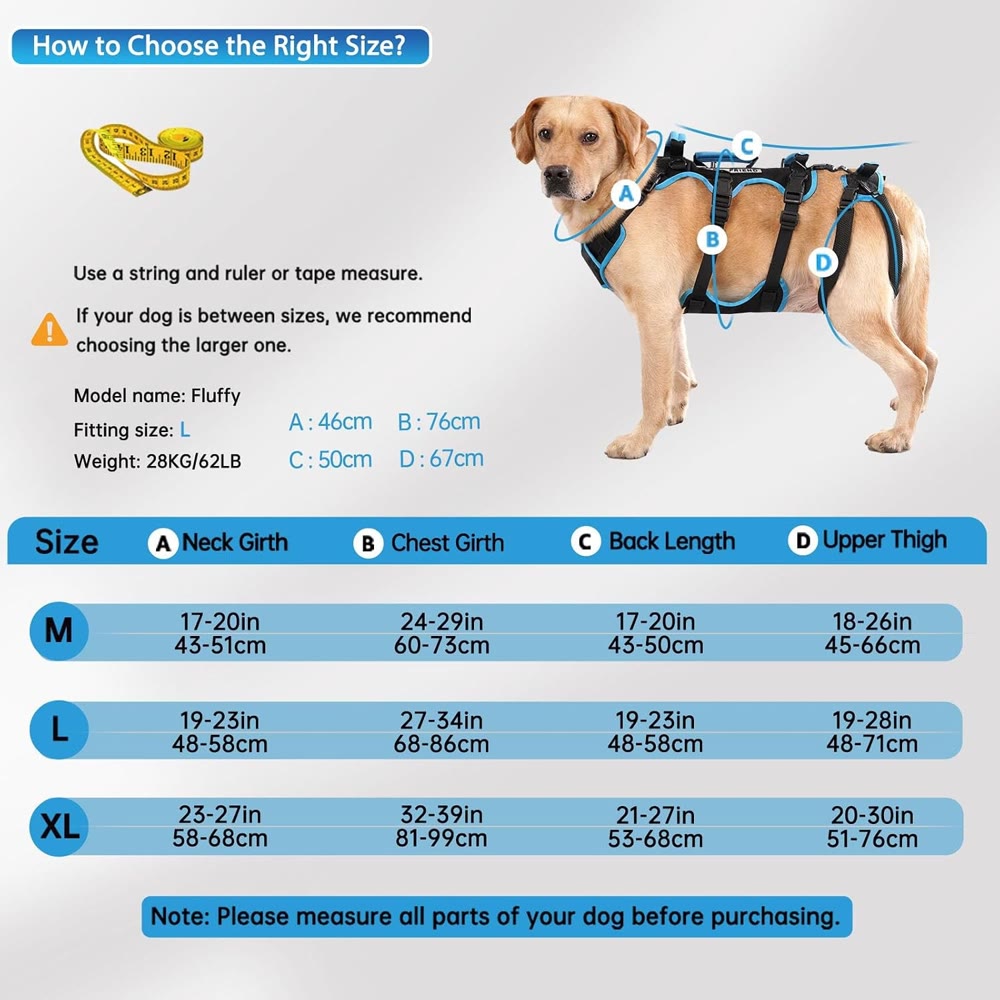 Size chart with neck, chest, back and upper thigh measurements for sizes M, L and XL