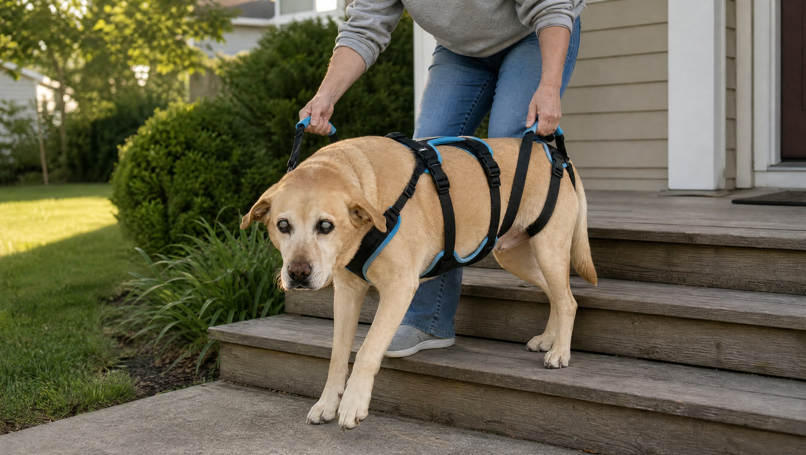 An old yellow Labrador in a black and blue lift harness walks down porch steps while his owner holds the front and back handles